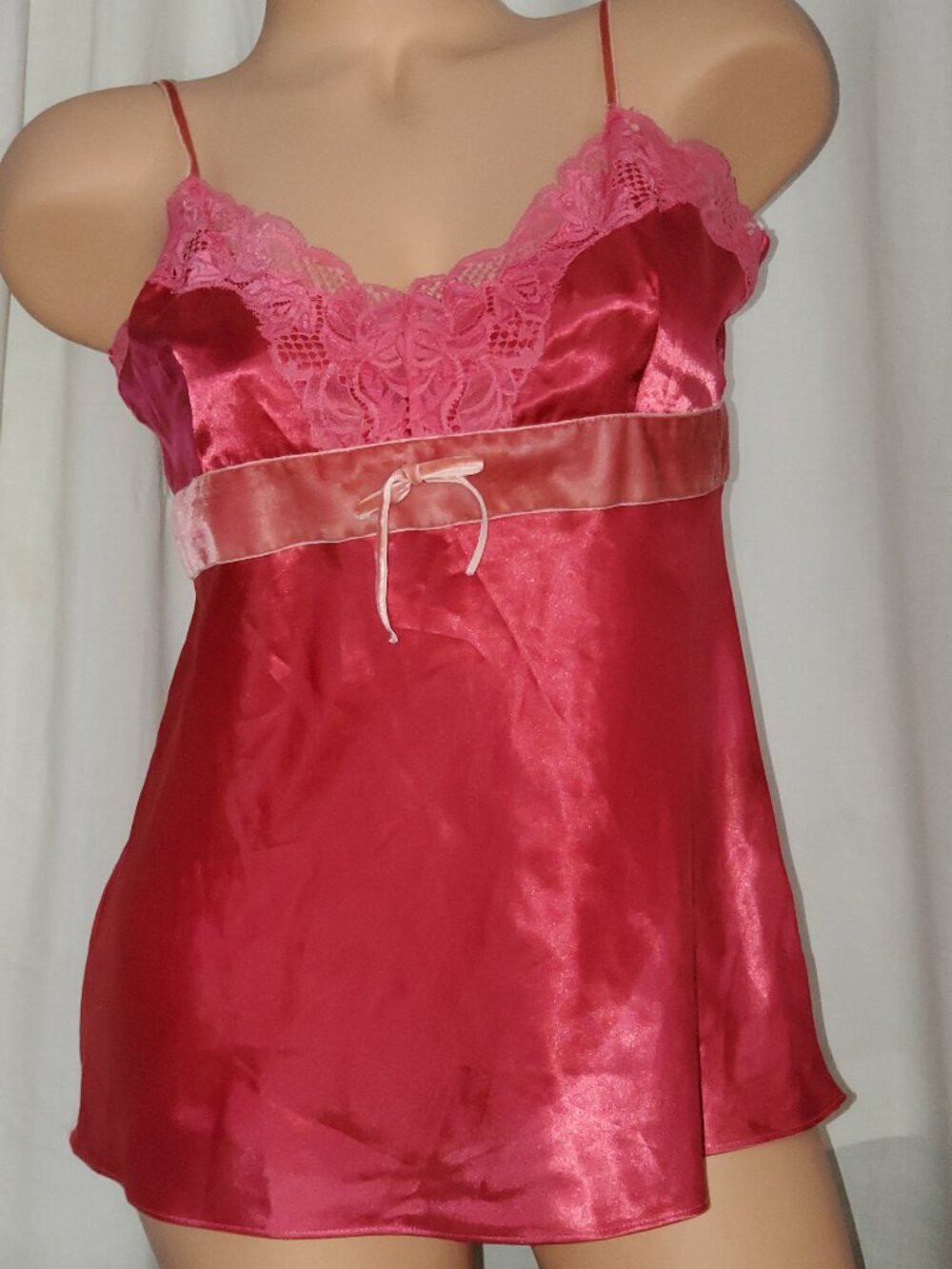 City Streets Pink Satin Camisole Lingerie Top Womens Large Lace Trim Y2K Cami